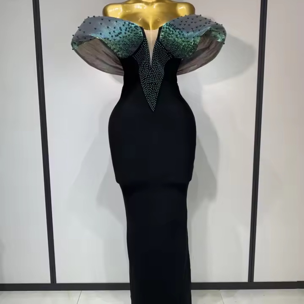 Silhouette Strapless Black and Green Pearl Dress